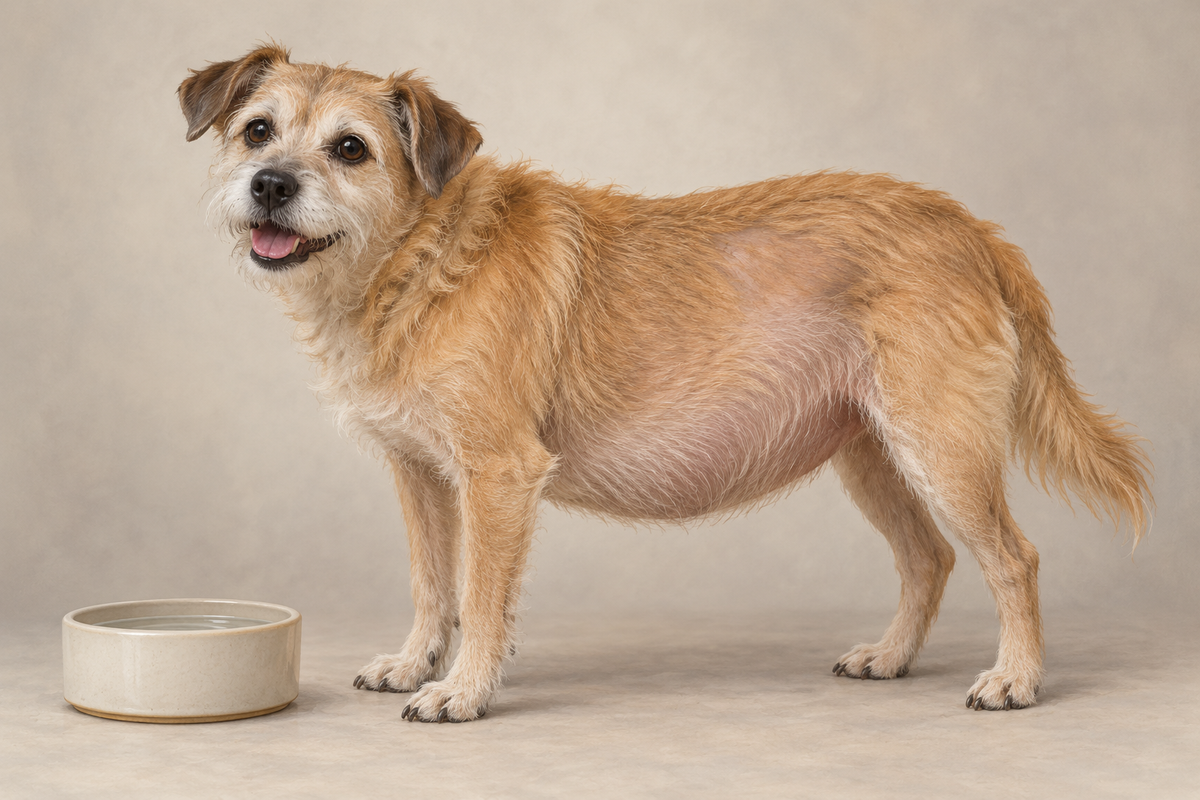AI-generated educational illustration of a dog with a rounded abdomen and thinning coat, features associated with Cushing's disease.